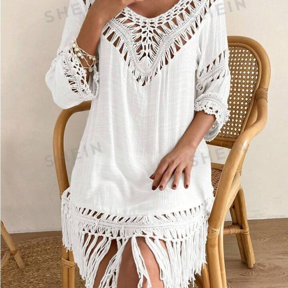 White Crochet Fringe Hem Loose Waisted Coverup - Picture 5 of 6